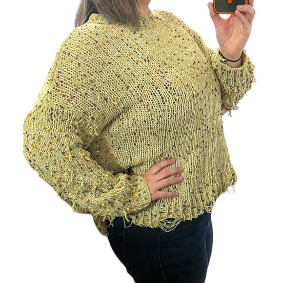 La Miel (M/L) Lime Oversized Loop Knit Sweater Raw Hem Distressed Boho Pullover - Picture 4 of 13